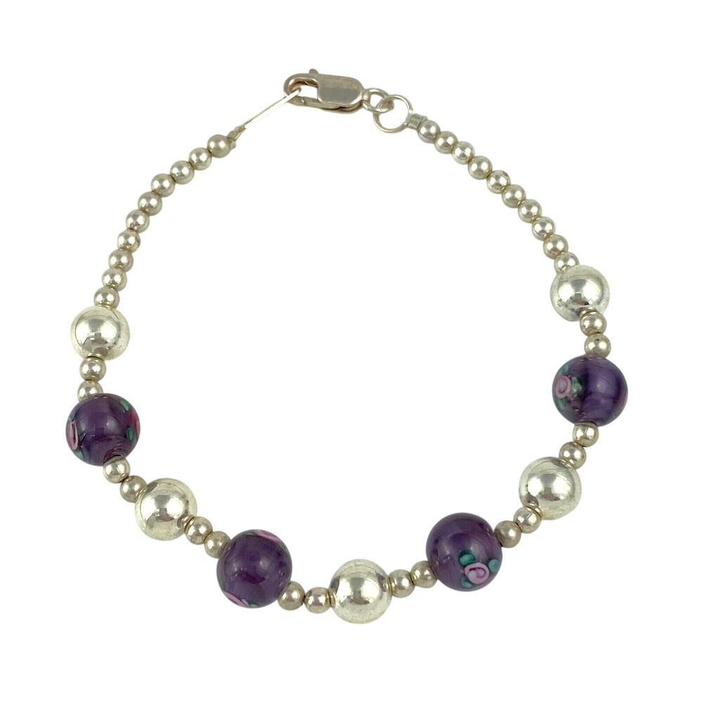 Vintage Sterling Silver 925 Purple Floral Glass Bead Bracelet 7.5"